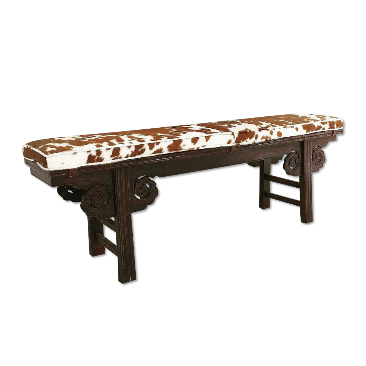 VINTAGE CHINESE BENCH WITH DOUBLE-SIDED CARVING AND BROWN AND WHITE COWHIDE CUSHION NO.19