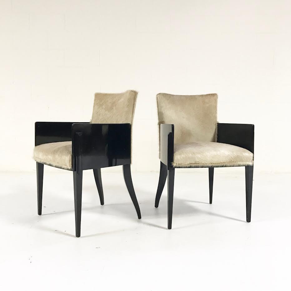 Pair of Art Deco Black Lacquered Chairs in Brazilian Cowhide