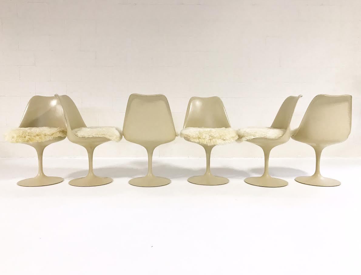 Eero Saarinen Tulip Dining Chairs with Brazilian Sheepskin Cushions - Set of 6