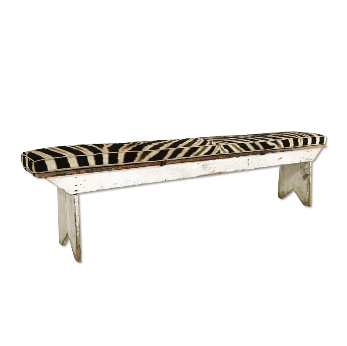 VINTAGE FARMHOUSE BENCH WITH ZEBRA HIDE CUSHION NO.1