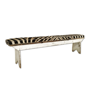 VINTAGE FARMHOUSE BENCH WITH ZEBRA HIDE CUSHION NO.1