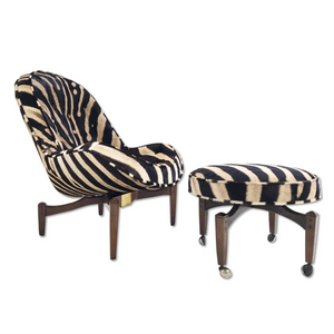 Mid-Century Lounge Chair with Ottoman Restored  and Reupholstered in Zebra Hide
